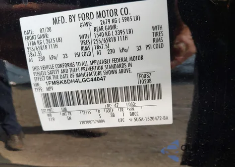 2020 Ford Explorer Xlt z USA, uszkodzony, nr VIN 1FMSK8DH4LGC44047